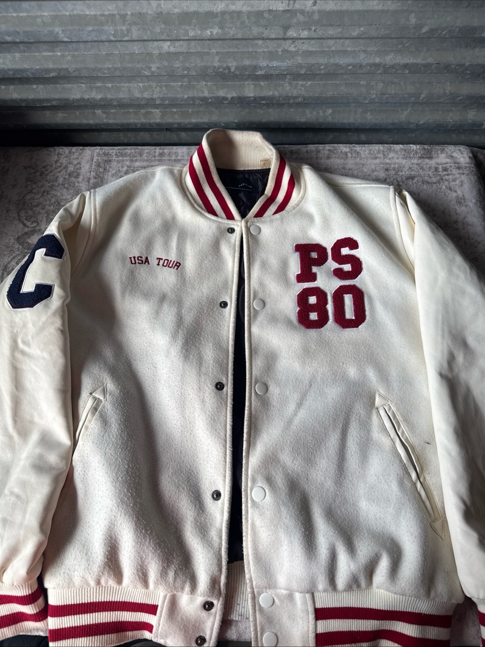 White & Red Letterman Jacket with PS 80 Patch